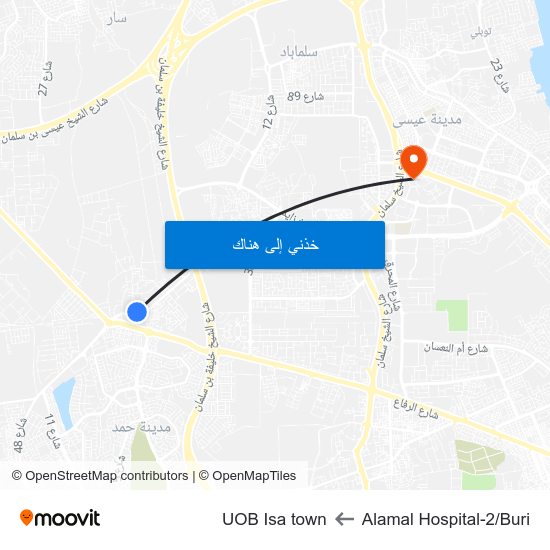 Alamal Hospital-2/Buri to UOB Isa town map