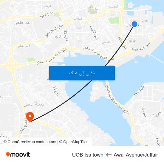 Awal Avenue/Juffair to UOB Isa town map