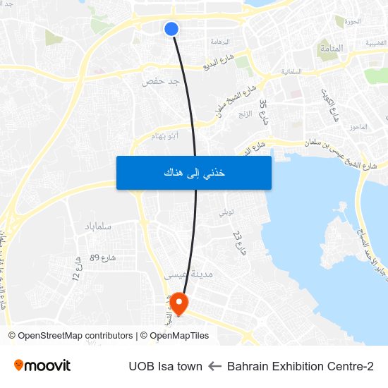 Bahrain Exhibition Centre-2 to UOB Isa town map