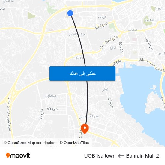 Bahrain Mall-2 to UOB Isa town map