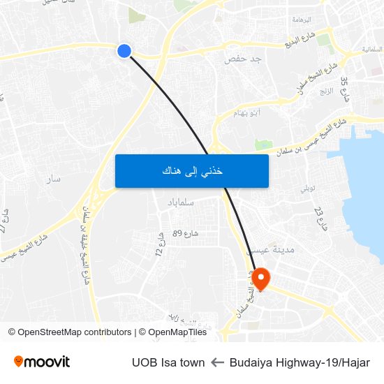Budaiya Highway-19/Hajar to UOB Isa town map