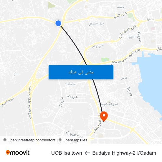 Budaiya Highway-21/Qadam to UOB Isa town map