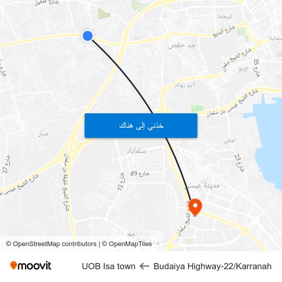 Budaiya Highway-22/Karranah to UOB Isa town map