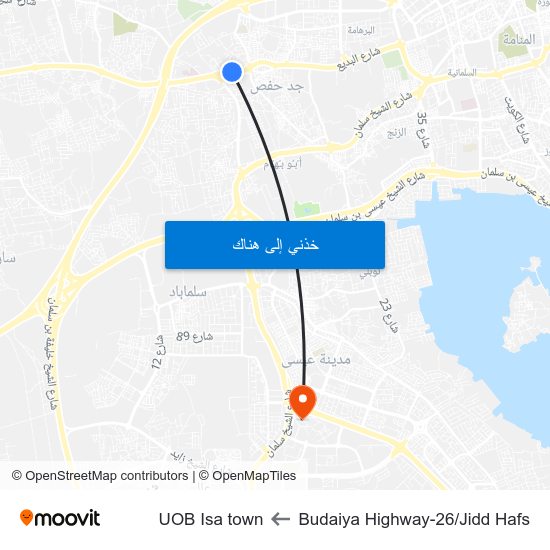 Budaiya Highway-26/Jidd Hafs to UOB Isa town map