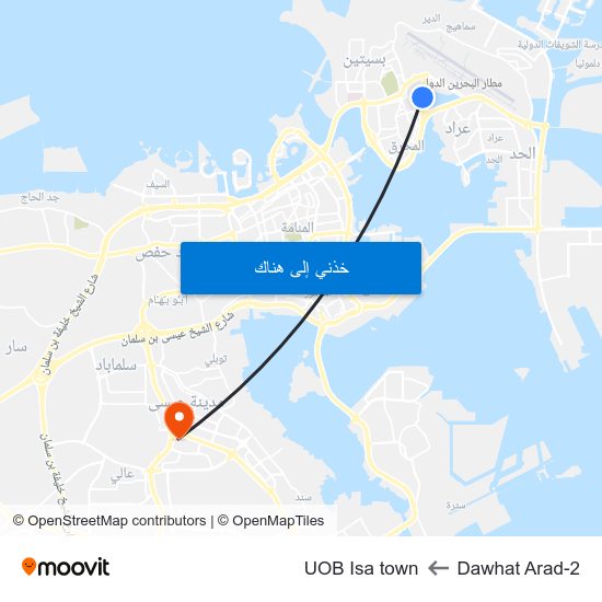 Dawhat Arad-2 to UOB Isa town map