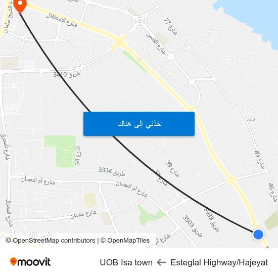 Esteglal Highway/Hajeyat to UOB Isa town map
