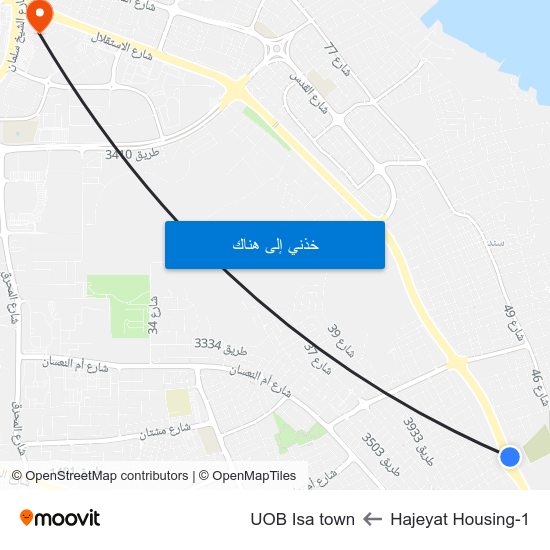 Hajeyat Housing-1 to UOB Isa town map