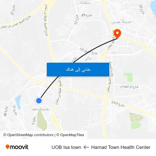 Hamad Town Health Center to UOB Isa town map