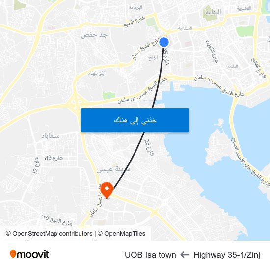 Highway 35-1/Zinj to UOB Isa town map