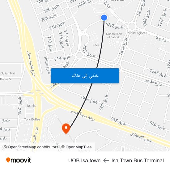 Isa Town Bus Terminal to UOB Isa town map