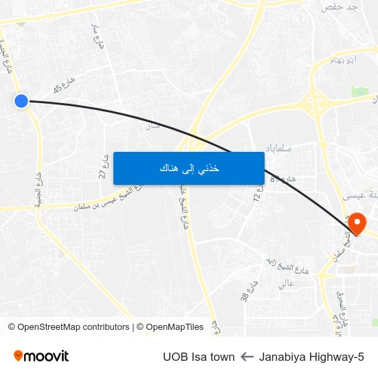 Janabiya Highway-5 to UOB Isa town map