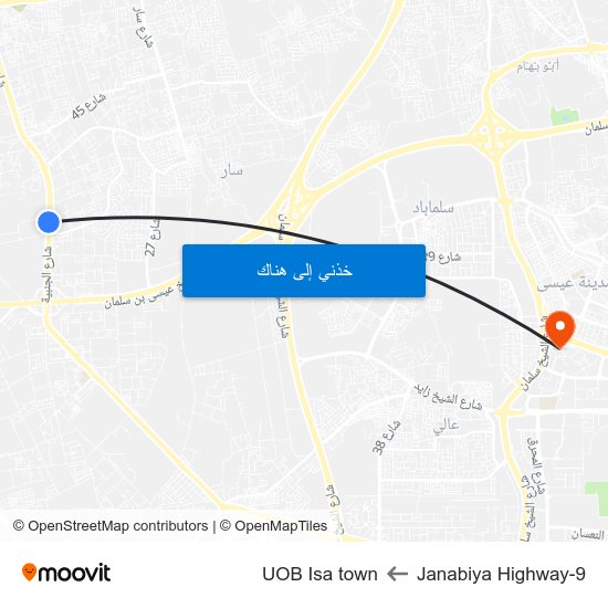 Janabiya Highway-9 to UOB Isa town map