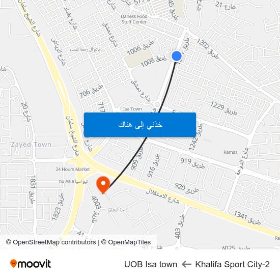 Khalifa Sport City-2 to UOB Isa town map