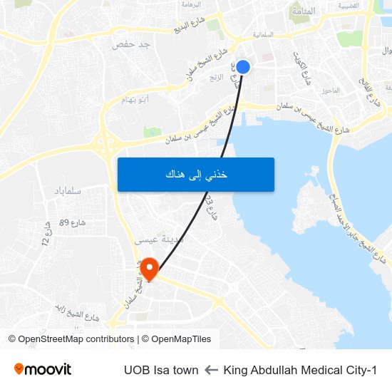 King Abdullah Medical City-1 to UOB Isa town map