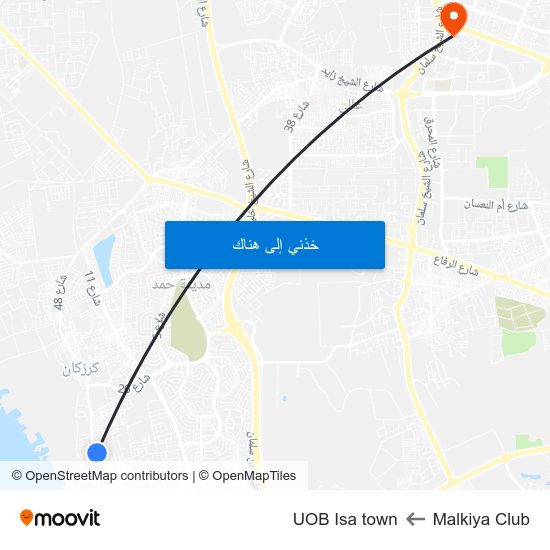 Malkiya Club to UOB Isa town map