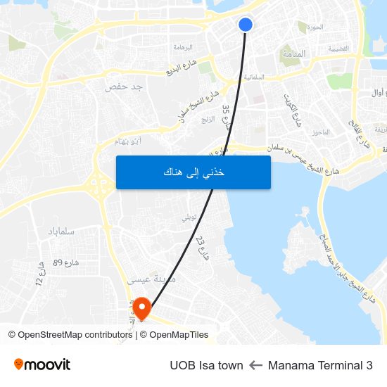 Manama Terminal 3 to UOB Isa town map
