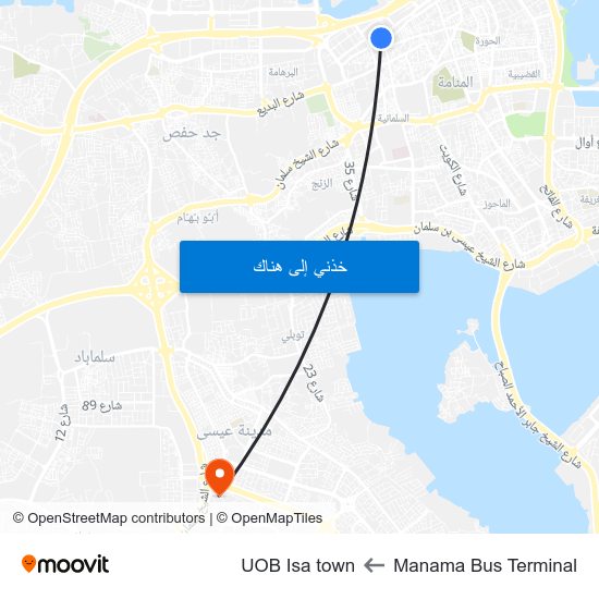 Manama Bus Terminal to UOB Isa town map