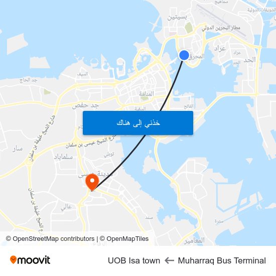 Muharraq Bus Terminal to UOB Isa town map