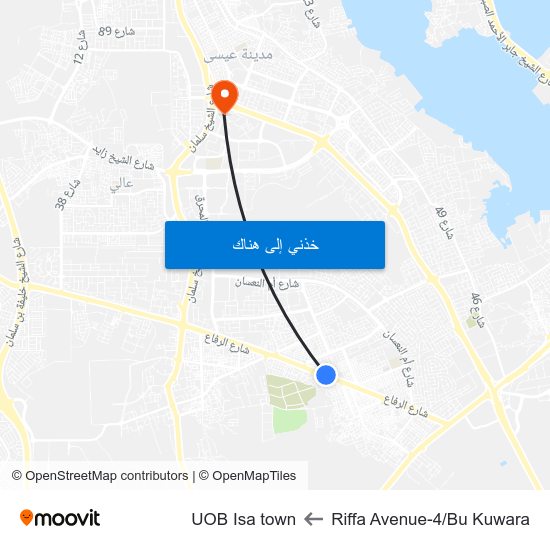 Riffa Avenue-4/Bu Kuwara to UOB Isa town map