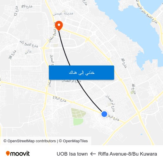 Riffa Avenue-8/Bu Kuwara to UOB Isa town map
