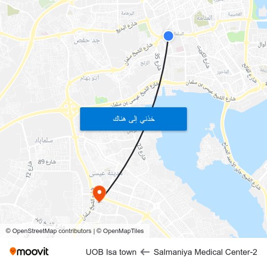 Salmaniya Medical Center-2 to UOB Isa town map