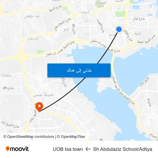 Sh Abdulaziz School/Adliya to UOB Isa town map
