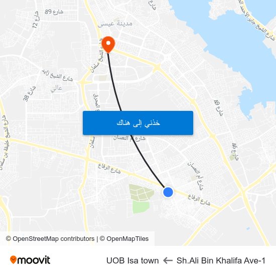 Sh.Ali Bin Khalifa Ave-1 to UOB Isa town map