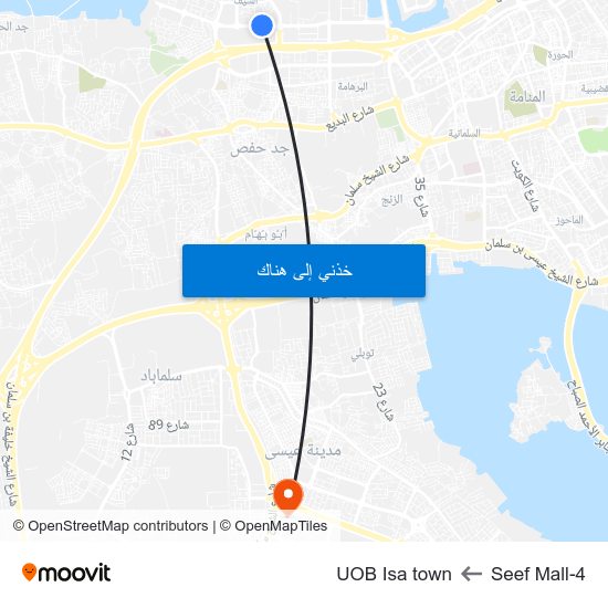 Seef Mall-4 to UOB Isa town map