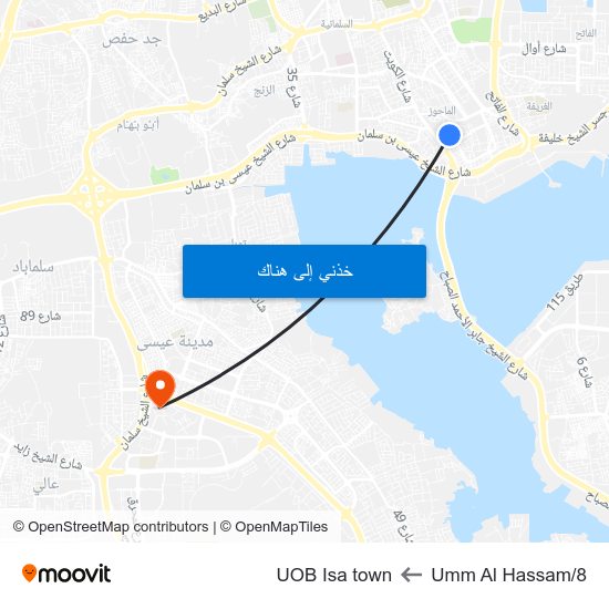 Umm Al Hassam/8 to UOB Isa town map