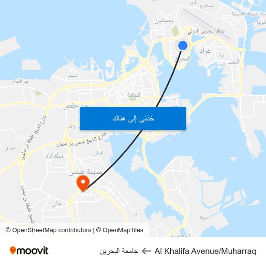Al Khalifa Avenue/Muharraq to جامعة البحرين map