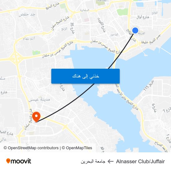 Alnasser Club/Juffair to جامعة البحرين map