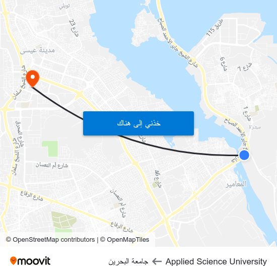 Applied Science University to جامعة البحرين map