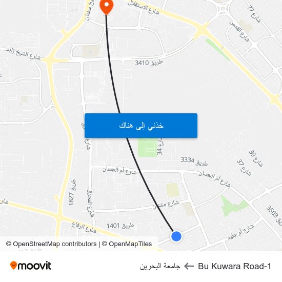 Bu Kuwara Road-1 to جامعة البحرين map