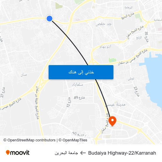 Budaiya Highway-22/Karranah to جامعة البحرين map