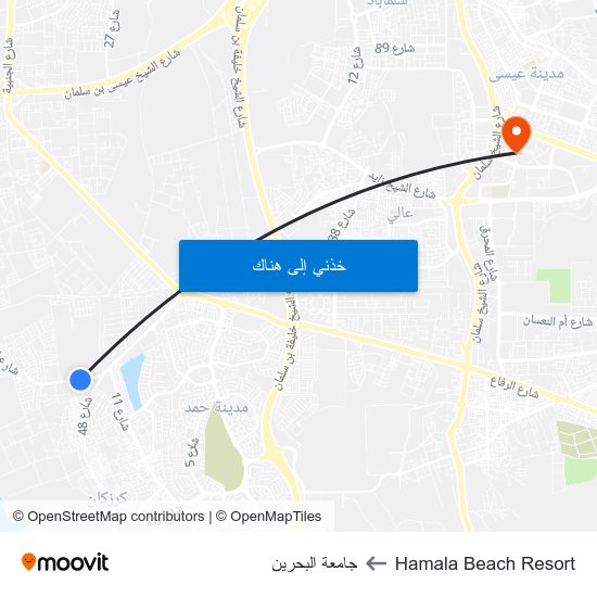 Hamala Beach Resort to جامعة البحرين map