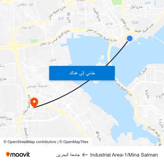 Industrial Area-1/Mina Salman to جامعة البحرين map