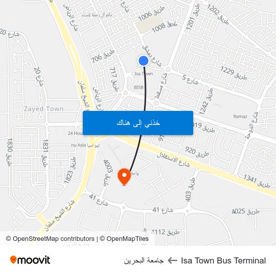 Isa Town Bus Terminal to جامعة البحرين map