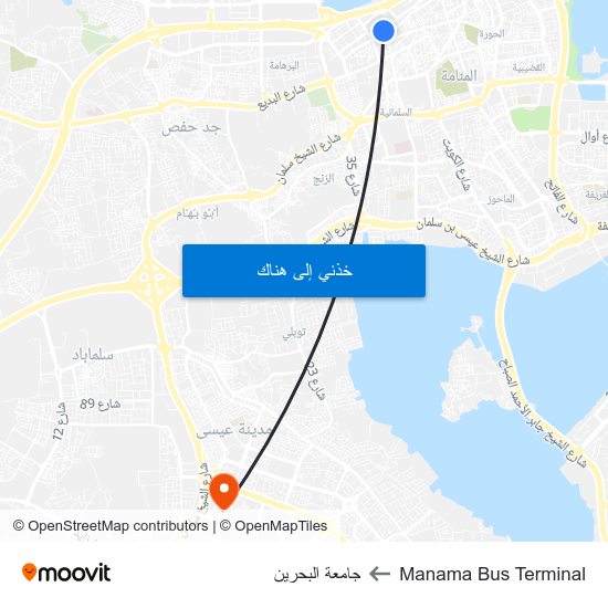 Manama Bus Terminal to جامعة البحرين map