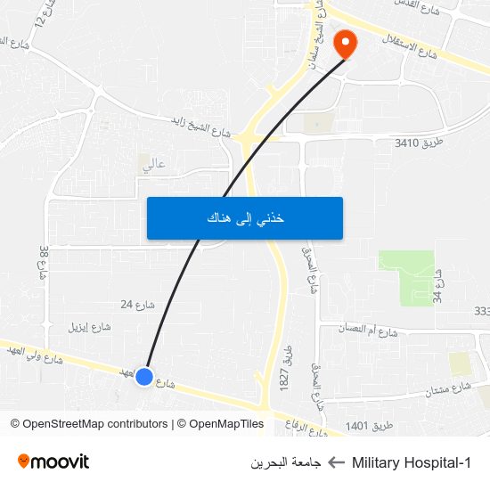 Military Hospital-1 to جامعة البحرين map