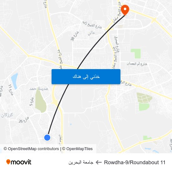 Rowdha-9/Roundabout 11 to جامعة البحرين map