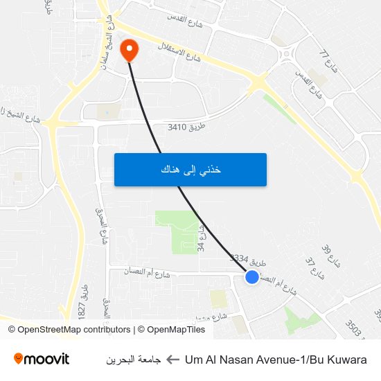 Um Al Nasan Avenue-1/Bu Kuwara to جامعة البحرين map
