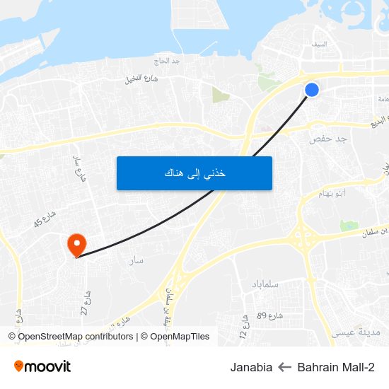 Bahrain Mall-2 to Janabia map