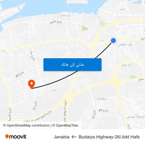 Budaiya Highway-26/Jidd Hafs to Janabia map