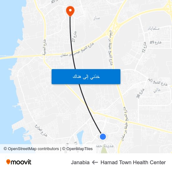 Hamad Town Health Center to Janabia map