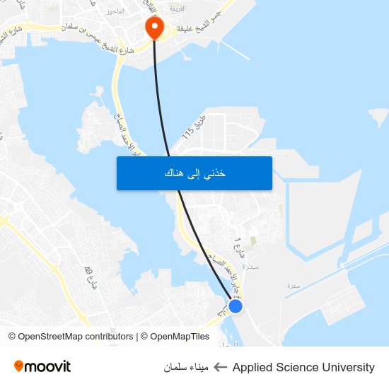 Applied Science University to ميناء سلمان map