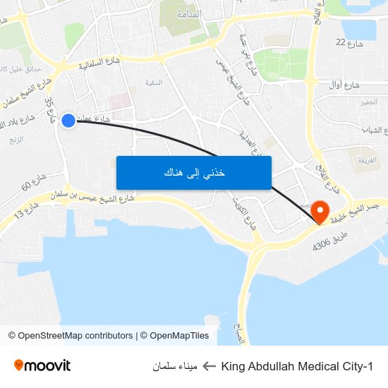 King Abdullah Medical City-1 to ميناء سلمان map
