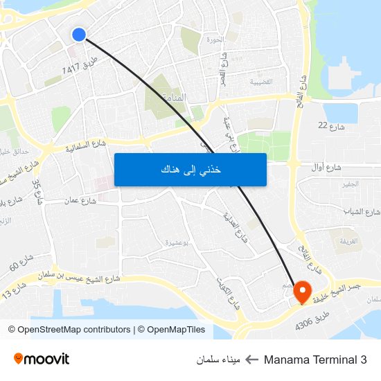 Manama Terminal 3 to ميناء سلمان map