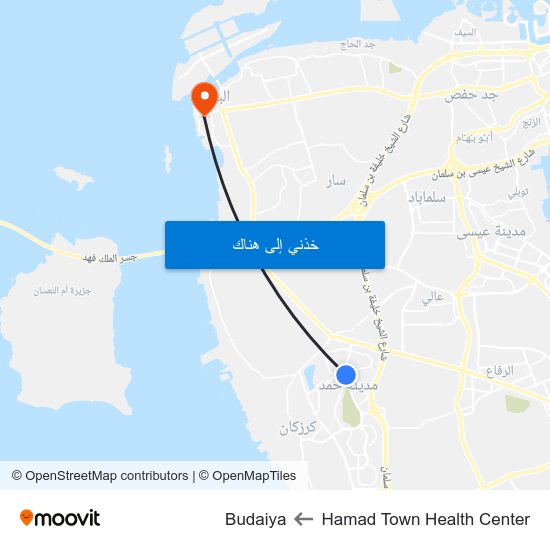 Hamad Town Health Center to Budaiya map