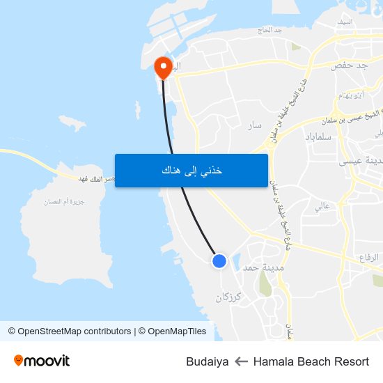 Hamala Beach Resort to Budaiya map