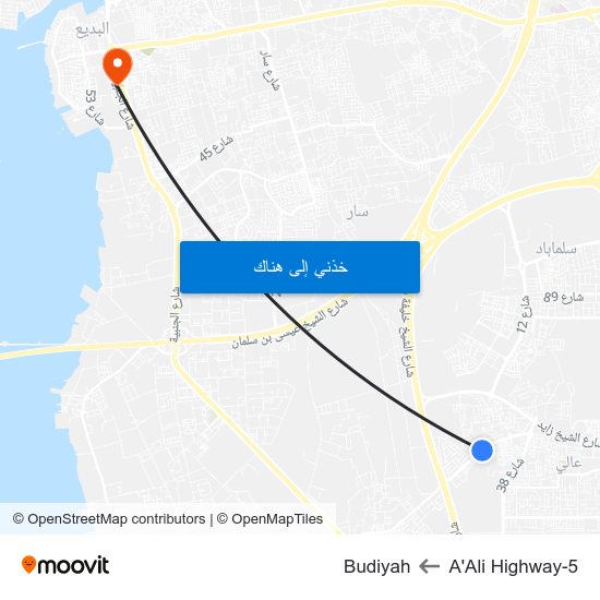 A'Ali Highway-5 to Budiyah map